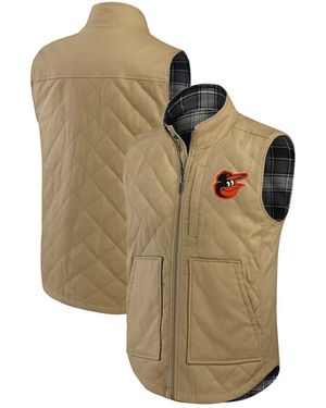 Fanatics Tan/charcoal Baltimore Orioles Reversible Canvas Plaid Patch Full-zip Vest - Multicolor
