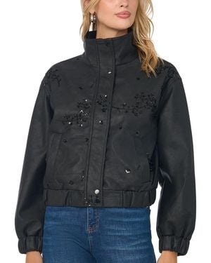 Vince Camuto Faux Leather Embellished Bomber Jacket - Gray