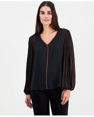 Tahari Contrast-tipped V-neck Blouse - Black