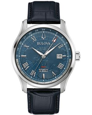 Bulova Automatic Wilton Gmt Leather Strap Watch 43mm - Gray