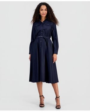 Tahari Pleat Belted Fit & Flare Dress in Black | Lyst