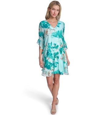 Calvin Klein Petite Bell-sleeve V-neck Trapeze Dress - Blue