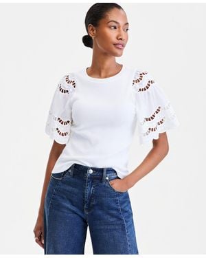 On 34th Eyelet Puff Sleeve Ribbed Knit Top - White