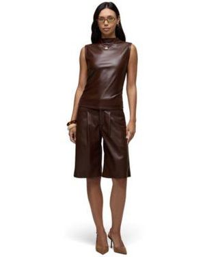 Hudson Jeans Mock Neck Faux Leather Sleeveless Ruched Top Pleated High Waisted Wide Leg Shorts - Brown