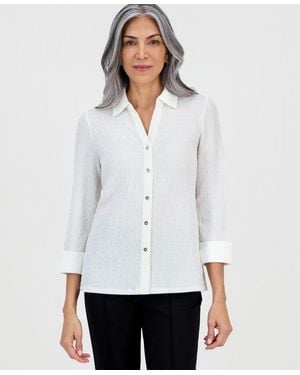 Kasper 3q Button Frt Top With Split Cuff - White
