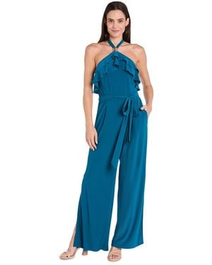 R & M Richards Ruffled Halter-neck Jersey Jumpsuit - Blue