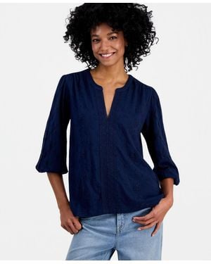 Style & Co. Split-neck Eyelet-embroidered Top - Blue