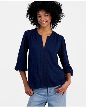 Style & Co. Split-neck Eyelet-embroidered Top - Blue