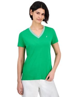 Nautica Jeans Solid Stripe-trim V-neck - Green