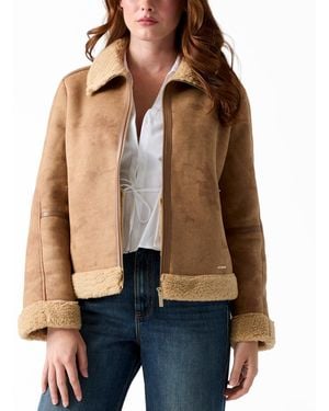 Guess Faux Shearling Zip Up Jacket - Brown