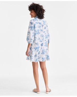 charter club linen dress Charter Club 100% Linen Print Button-front 3/4-sleeve Dress in White