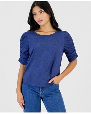Democracy Petite Printed Ruched-sleeve Scoop-neck Top - Blue