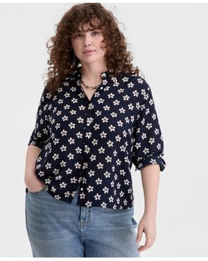 On 34th Trendy Plus Size Bloom Print Cropped Shirt - Blue
