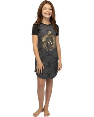 Harry Potter Girls Foil Print Hogwarts House Crest Short-sleeve Raglan Nightgown Pajama - Black