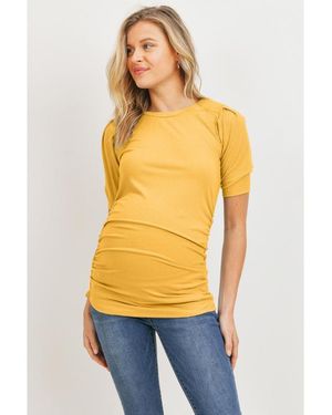 Hello Miss Maternity Ribbed Ruched Short Sleeve Puff Top - Black