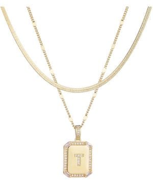 Adornia Gold Pave Tag Pendant And Herringbone Chain Initial Necklace Set - Metallic
