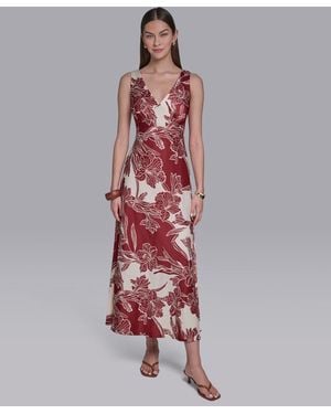 Halston Sleeveless Hibiscus Printed V-neck Maxi Dress - Red