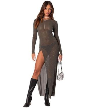 Edikted Shiny Mesh Maxi Slit Dress - Brown