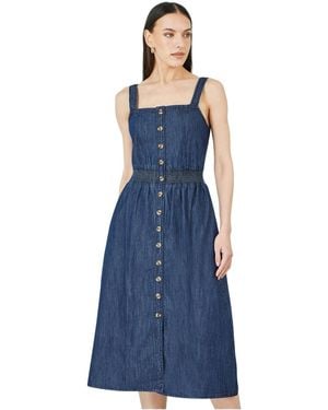 Yumi' Chambray Cotton Ruched Midi Sun Dress - Blue