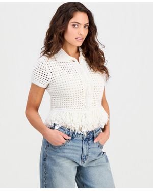 And Now This Petite Short-sleeve Johnny-collar Fringe Sweater - White