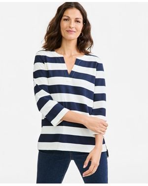 Style & Co. Split Neck 3/4-sleeve Rugby Stripe Tunic - Blue