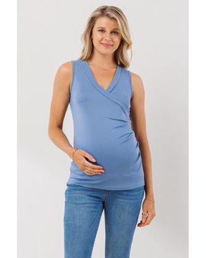 Hello Miss Maternity Sleeveless Ruched V-neck Wrap Nursing Tank Top - Blue