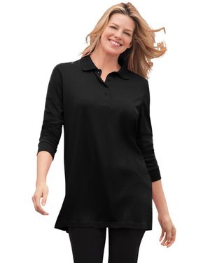 Woman Within Plus Size Long-sleeve Polo Shirt - Black