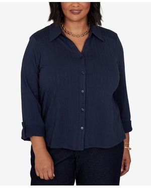 Ruby Rd. Plus Size Striped Roll-tab Button-front Blouse - Blue