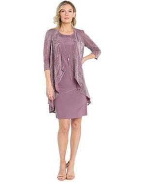 R & M Richards 2.piece Metallic Print Open-front Jacket & Scoop-neck Necklace Dress - Purple