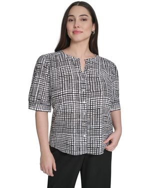 Calvin Klein Plus Size Printed Short-sleeve Button-down Blouse - Gray