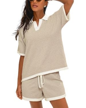 CUPSHE Beige And White Striped Terry Polo Top And Shorts Matching Set - Natural