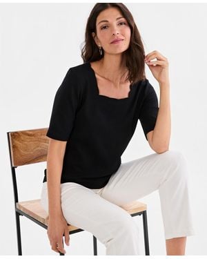 Style & Co. Cotton Scalloped Square-neck Top - Black