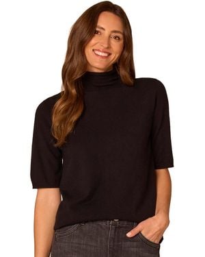 Democracy Petite Draped Mock-neck Short-sleeve Sweater - Black