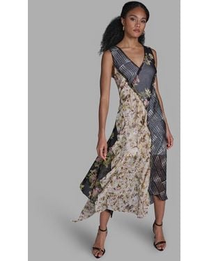 BCBGMAXAZRIA V-neck Ruffle Mix Print Dress - Gray
