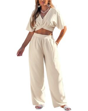 CUPSHE Short Sleeve Crop Top & Wide-leg Pants Matching Set - Natural