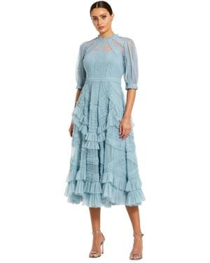 Mac Duggal Petite Illusion High Neck Tiered Ruffle A-line Midi Dress - Blue