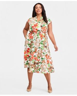 Kasper Plus Size Printed Split-neck Cap-sleeve Dress - White