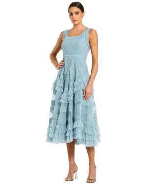 Mac Duggal Scoop Neck Sleeveless Mesh Micro Ruffle Midi Dress - Blue