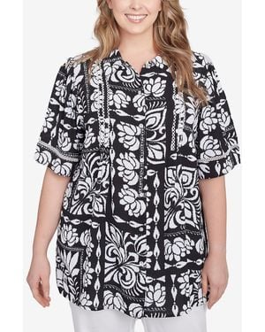Ruby Rd. Plus Size Lotus Patchwork Button Front Camp Shirt - Black
