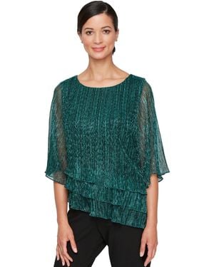 Alex Evenings Metallic Asymmetric Triple-tier 3/4-sleeve Blouse - Green