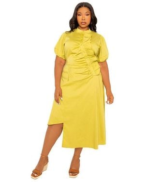 Buxom Couture Plus Size Asymmetrical Ruffle Shirt Dress - Yellow