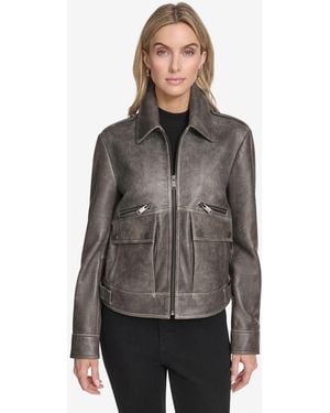 Andrew Marc Addis Aviator Leather Jacket - Gray