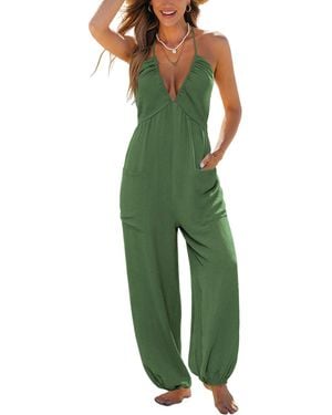 CUPSHE V-neck Zipper Closure Unlined Jumpsuit - Green