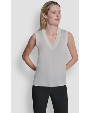 DKNY Mixed Media V-neck Sweater - Gray