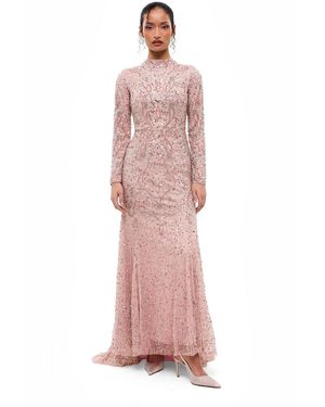 MARYISA Modest Embellished Sequins Trail Gown - Pink