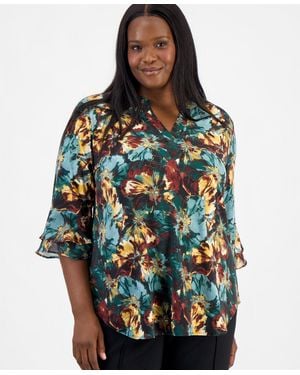 Kasper Plus Size Floral-print Split-neck Flutter-sleeve Tunic - Multicolor