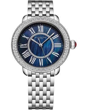 Stuhrling Regalia S 40mm Quartz Dress Watch – White Mother-of-pearl Dial Crystal Bezel Stainless Steel Bracelet - Blue