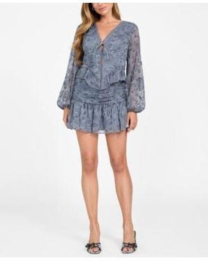 Guess Seiah Embroidered Blouson Sleeve Blouse Mini Skirt - Blue