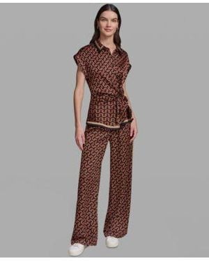 KARL LAGERFELD Geometric Print Satin Button Front Blouse Polka Dot Satin Straight Leg Pants - Brown