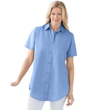 Woman Within Plus Size Short Sleeve Shirt - Blue